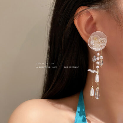 Купить 925 Silver Needle Organza Fabric Crystal Flower Earrings Korean Long Tassel Super Fairy Earrings Fashion eardrop for Women