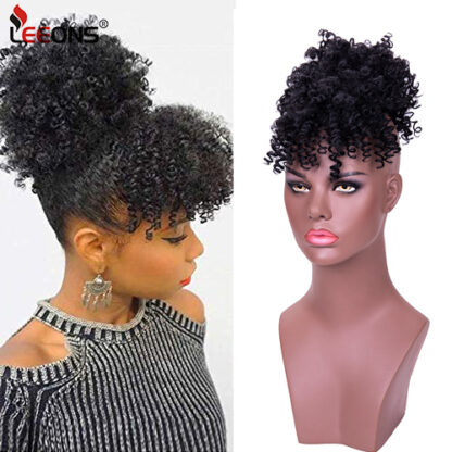 Купить Accessories Synthetic Short Kinky Curly Chignon With Bangs Synthetic Hair Bun Drawstring Ponytail Clip In Afro Puff Hair Pieces For Women Co