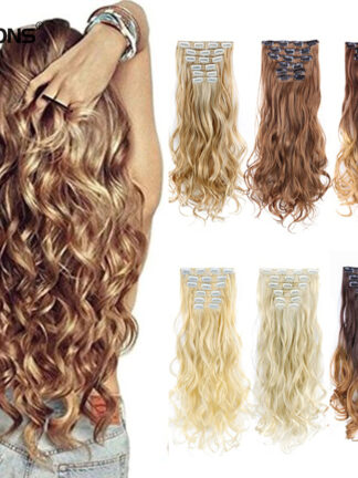 Купить Accessories &quot 22Inch Synthetic Long Curly 16Clips Clip In Hair Extensions Body Wave Hairpiece Heat Resistant Fiber Ombre Blond Women &qu