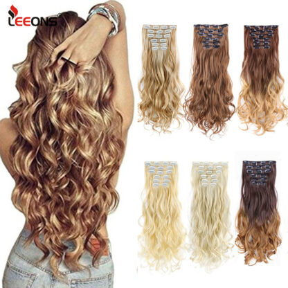 Купить Accessories &quot 22Inch Synthetic Long Curly 16Clips Clip In Hair Extensions Body Wave Hairpiece Heat Resistant Fiber Ombre Blond Women &qu