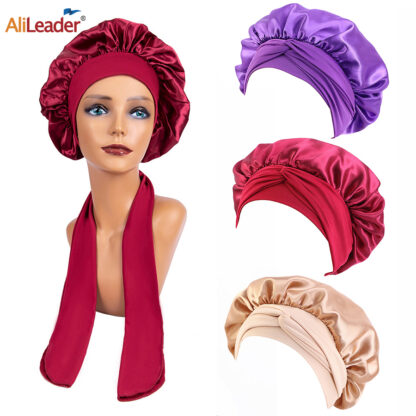 Купить Accessories New Large Satin Bonnet Silk Night Sleeping Cap Long Satin Bonnet With Head Tie Band Bonet Edge Wrap For Women Curly Braid