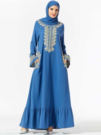 Купить Muslim Print Embroidery Abaya Dress Women Dubai Arab Long Sleeve Big Swing Poet A-line Maxi Dersses Kimono Islamic Clothing