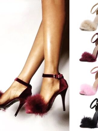 Купить 2021 fashion women's shoes fish mouth rabbit hair European and American style thin high-heeled sandals