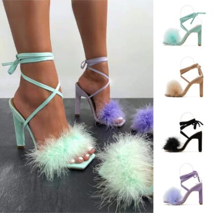 Купить Summer new European and American star women's shoes rabbit hair cross bandage open toe high-heeled sandals