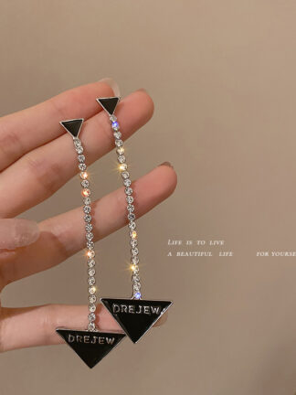 Купить 925 Silver Stud Rhinestone-Encrusted Triangle Earrings Korean Long Tassel Geometric Ear Studs Fashion Minority Design Earrings for Women