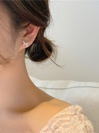 Купить 925 Silver Needle Rhinestone Asymmetric Butterfly Ear Clip Stud Earrings Korean French Style Design Personalized Earrings Women