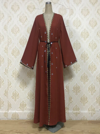 Купить Turkish Islamic Clothing Muslim Open Abaya Women Elegant Diamond Kimono Long Robe Caftan Elbise Maxi Casual Lace-up Hijab Dress