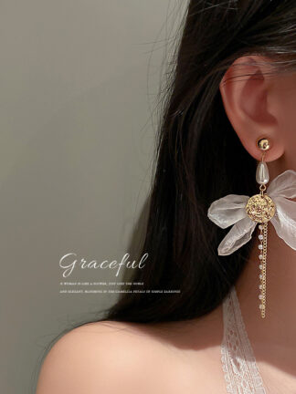 Купить 925 Silver Needle Korean Exaggerated Earrings Female Pearl Tassel Organza Bow Stud Earrings eardrop Graceful