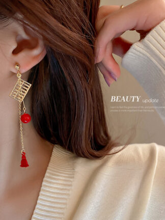 Купить 925 Silver Needle Chinese Knot Text Fortune Abacus Style Design Sense Earrings Red New Year eardrop Female
