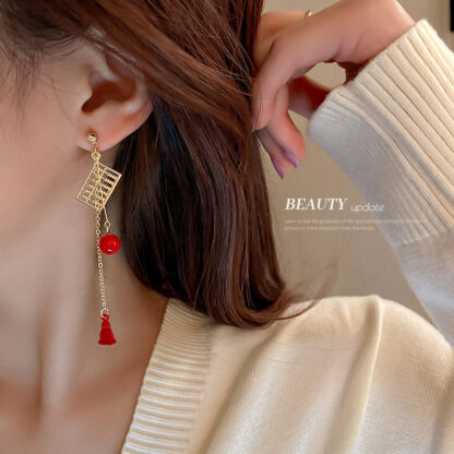 Купить 925 Silver Needle Chinese Knot Text Fortune Abacus Style Design Sense Earrings Red New Year eardrop Female