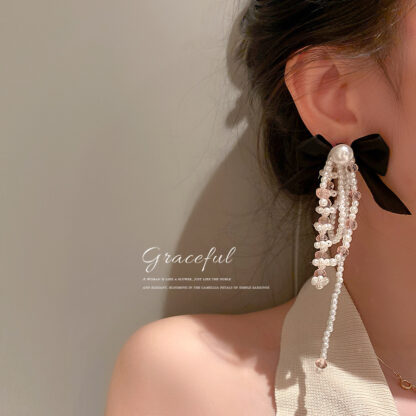 Купить 925 Silver Needle Korean Exaggerated Fabric Bow Pearl Earrings Mori Style Long Pearl Tassel Eardrop Earring Women