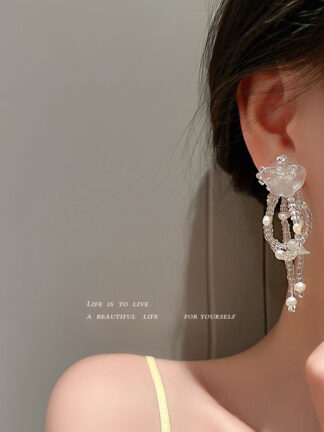 Купить 925 Silver Needle Bead Pearl Flower Earrings Korean Super Fairy Bow Transparent Earrings Long Sweet eardrop for Women