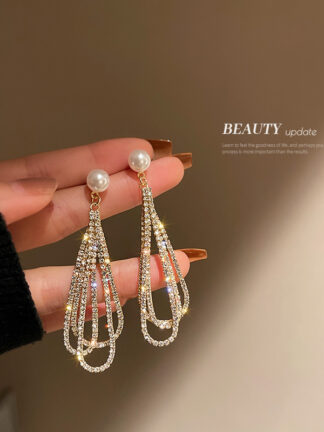 Купить 925 Silver Stud Rhinestone-Encrusted Pearl Tassel Earrings Korean Fashion Drop-Shaped Long Earrings Fairy Temperamental eardrop for Women