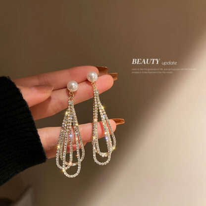 Купить 925 Silver Stud Rhinestone-Encrusted Pearl Tassel Earrings Korean Fashion Drop-Shaped Long Earrings Fairy Temperamental eardrop for Women