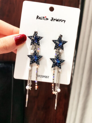 Купить 925 Silver Needle Crystal Pentagram Earrings Female Elegant Trendy Atmospheric Rhinestone Earrings Pearl Tassel eardrop