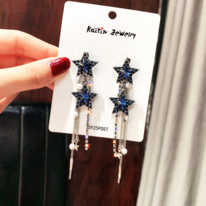 Купить 925 Silver Needle Crystal Pentagram Earrings Female Elegant Trendy Atmospheric Rhinestone Earrings Pearl Tassel eardrop