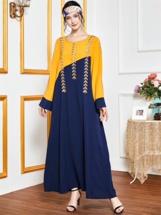 Купить Ethnic Muslim Abaya Dress Golden Leaves Embroidery Maxi Dress Fashion Islamic Clothing O Ne Long Sleeve Arabic Dresses vestido