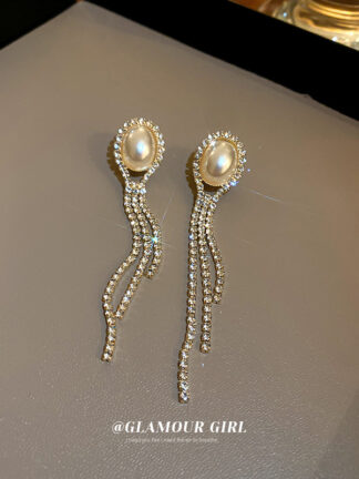 Купить Real Gold Plating Silver Stud Rhinestone-Encrusted Pearl Oval Tassel Earrings French Classic Style Temperamental Earrings Personalized Earri