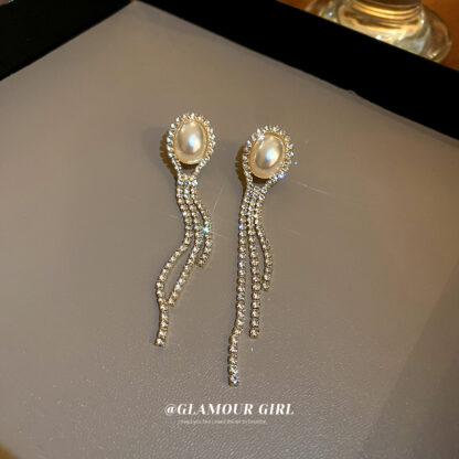 Купить Real Gold Plating Silver Stud Rhinestone-Encrusted Pearl Oval Tassel Earrings French Classic Style Temperamental Earrings Personalized Earri