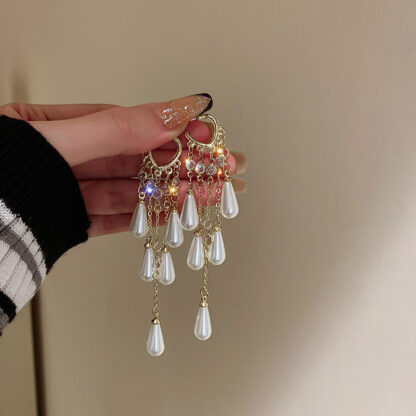 Купить 925 Silver Stud Rhinestone-Encrusted Water Drop Pearl Hearth-Shaped Earrings Korean Long Tassel eardrop Fashionable and Popul