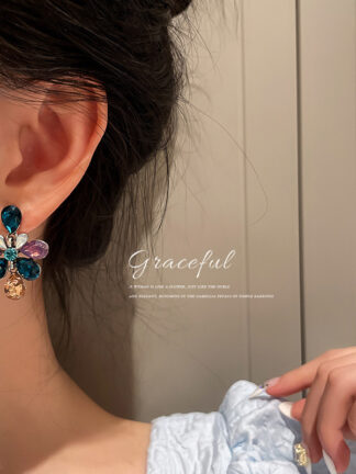 Купить 925 Silver Stud Rhinestone-Encrusted Water Drop Butterfly Earrings Korean Niche Vintage Court Style Eardrop Earring Female 2022 New