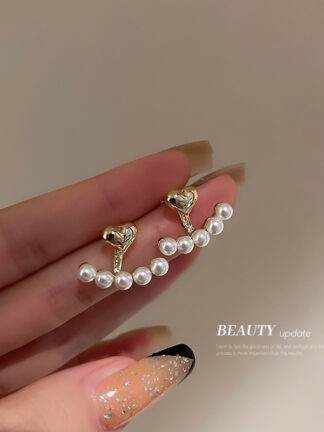 Купить Real Gold Plating 925 Silver Needle Pearl Love Heart Stud Earrings Korean Simple a Pair of Earrings Dual Purpose Artistic Girl eardrop