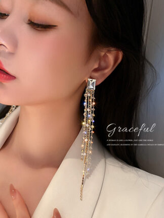Купить South Korea Dongdaemun Stylish and Simple Personality Earrings Pearl Diamond Crystal Tassel Earrings Internet Celebrity Design eardrop