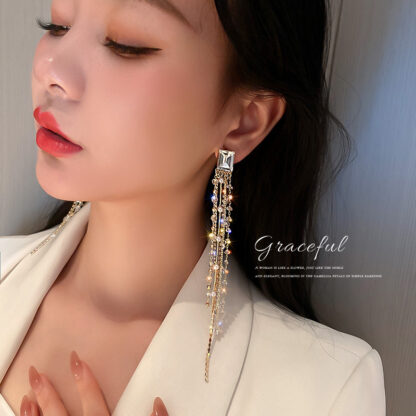 Купить South Korea Dongdaemun Stylish and Simple Personality Earrings Pearl Diamond Crystal Tassel Earrings Internet Celebrity Design eardrop