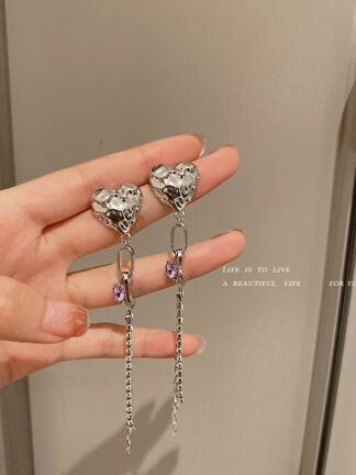 Купить 925 Silver Needle Crystal Tassel Diamond Love Heart Stud Earrings Korean Trendy Personality Fashion Design Sense Earrings eardrop for Women