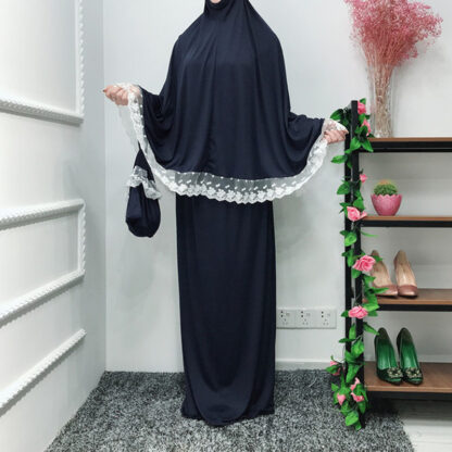 Купить Muslim Two-Piece Set Women Prayer Garment Top and Skirt Ramadan Worship Robe Lace Big Swing Maxi Skirts Kaftan Islamic Clothing