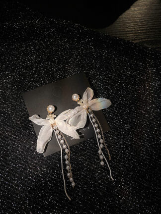 Купить 925 Silver Needle Fabric Bow Pearl Tassel Eardrops South Korea Dongdaemun Temperament Earrings Unique Long Earrings