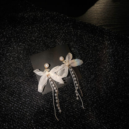 Купить 925 Silver Needle Fabric Bow Pearl Tassel Eardrops South Korea Dongdaemun Temperament Earrings Unique Long Earrings