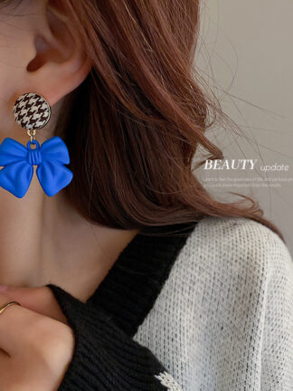Купить 925 Silver Needle Klein Blue Bow-Knot Rabbit Earrings Autumn and Winter Fabric Houndstooth Earrings Personalized Temperament eardrop