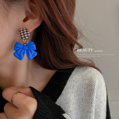 Купить 925 Silver Needle Klein Blue Bow-Knot Rabbit Earrings Autumn and Winter Fabric Houndstooth Earrings Personalized Temperament eardrop