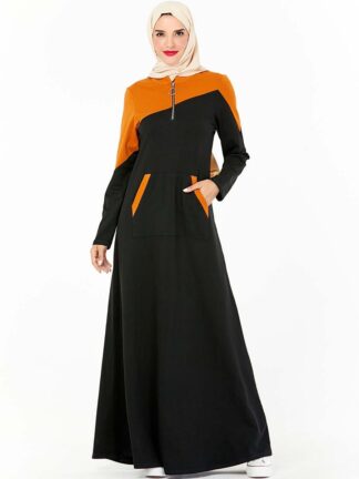 Купить Sports Trasuit Muslim Dress Women Zipper Splice Cotton Abaya Turkey Hijab Dresses Side Poets Arab Dubai Islamic Vestidos