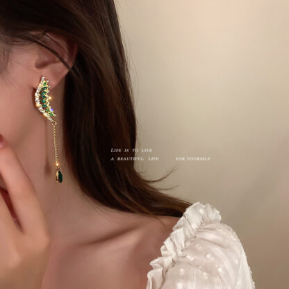 Купить 925 Silver Stud Rhinestone-Encrusted Angel Wings Tassel Full Diamond Green Court Style Earrings High-Grade eardrop Female