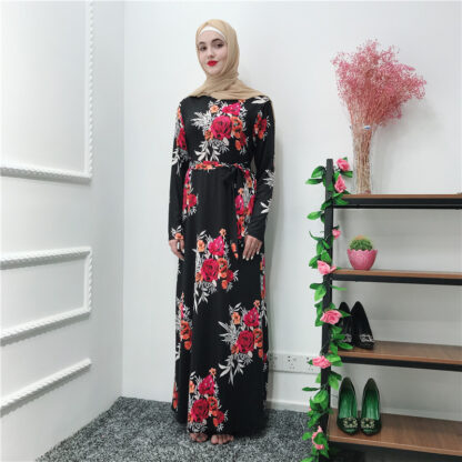 Купить Turkey Islamic Clothing Muslim Hijab Dress Women Rose Floral Print Moroccan Kaftan Abaya Maxi Dress Lace-up Robe Party Dresses