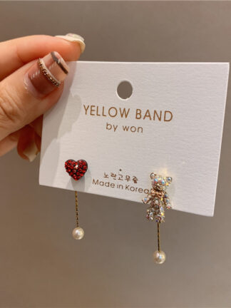 Купить 925 Silver Needle Korean Cute Heart-Shaped Full of Diamond Girl Earrings Cute Fun Bear Double-Sided Stripe Eardrop Earring Female