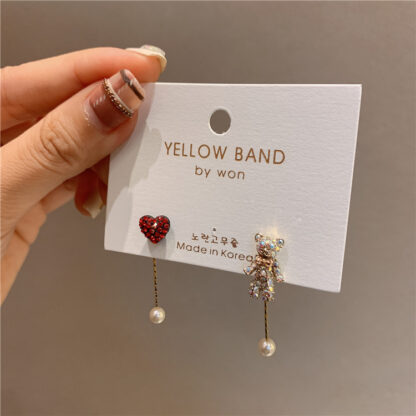 Купить 925 Silver Needle Korean Cute Heart-Shaped Full of Diamond Girl Earrings Cute Fun Bear Double-Sided Stripe Eardrop Earring Female