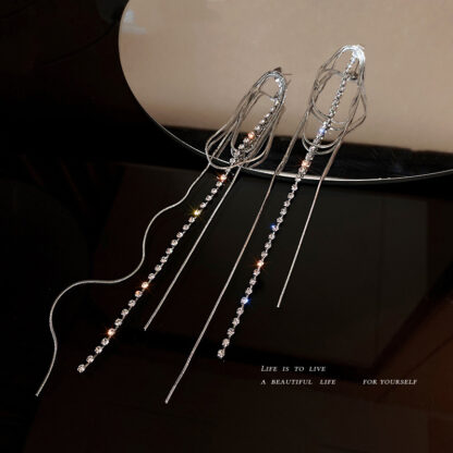 Купить European and American Fashion Zircon Tassel Long Earrings Niche Design Temperament Stud Earrings Shiny Elegant Exaggerated eardrop Women