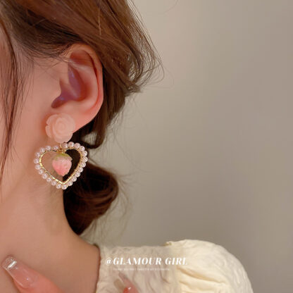 Купить Silver Needle Flower Pearl Hearth-Shaped Earrings Spring Simple Cute eardrop Sweet Girl Women