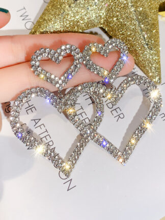 Купить 925 Silver Needle European and American Fashion Exaggerated Diamond-Embedded Double Love Heart Earrings Temperament Trend Long Peach Heart E
