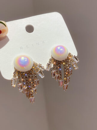 Купить 925 Silver Needle Internet Celebrity Temperament Design Earrings Pearl Rhinestone Zircon Tassel Earrings Korean Fashion and Personalized Ear