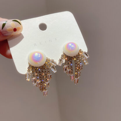 Купить 925 Silver Needle Internet Celebrity Temperament Design Earrings Pearl Rhinestone Zircon Tassel Earrings Korean Fashion and Personalized Ear