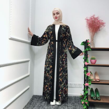 Купить Elegant Muslim Abaya Dress Women Print Lace-up Open Abayas In Dubai Islamic Clothing Kimono Caftan Elbise Hijab Dress Turkish