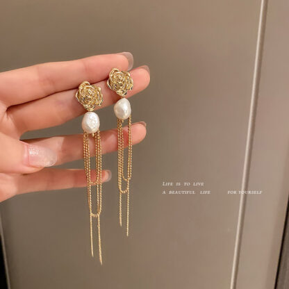 Купить 925 Silver Needle Pearl Flower Earrings Korean Long Tassel Ear Studs Metal Rose Personalized Temperament Earrings Women