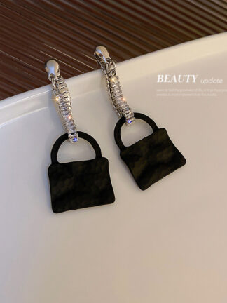 Купить 925 Silver Needle Black Inlaid Zircon Handbag Earrings Korean Personalized and Temperamental Eardrops Simple Cold Style Earrings for Women