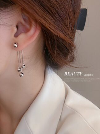 Купить 925 Silver Needle Metal round Beads Tassel Earrings Ins Minority Simple Design Ear Studs Korean Refined Wild Earrings