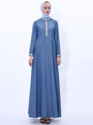 Купить Vintage Muslim Dress Women Denim A-line Maxi Hijab Dresses Turkey Islamic Jeans Vestidos Kimono Moroccan Kaftan Arabic Elbise