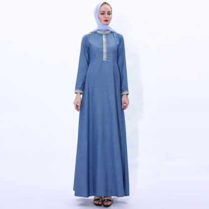 Купить Vintage Muslim Dress Women Denim A-line Maxi Hijab Dresses Turkey Islamic Jeans Vestidos Kimono Moroccan Kaftan Arabic Elbise